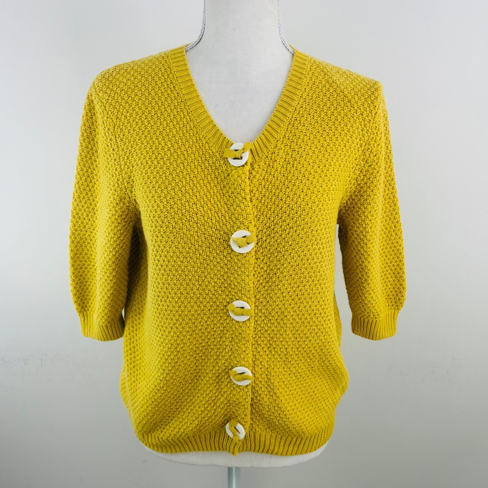 Boden Yellow Mustard Cotton Chunky Knit Button Front Cardigan Sweater Size 14